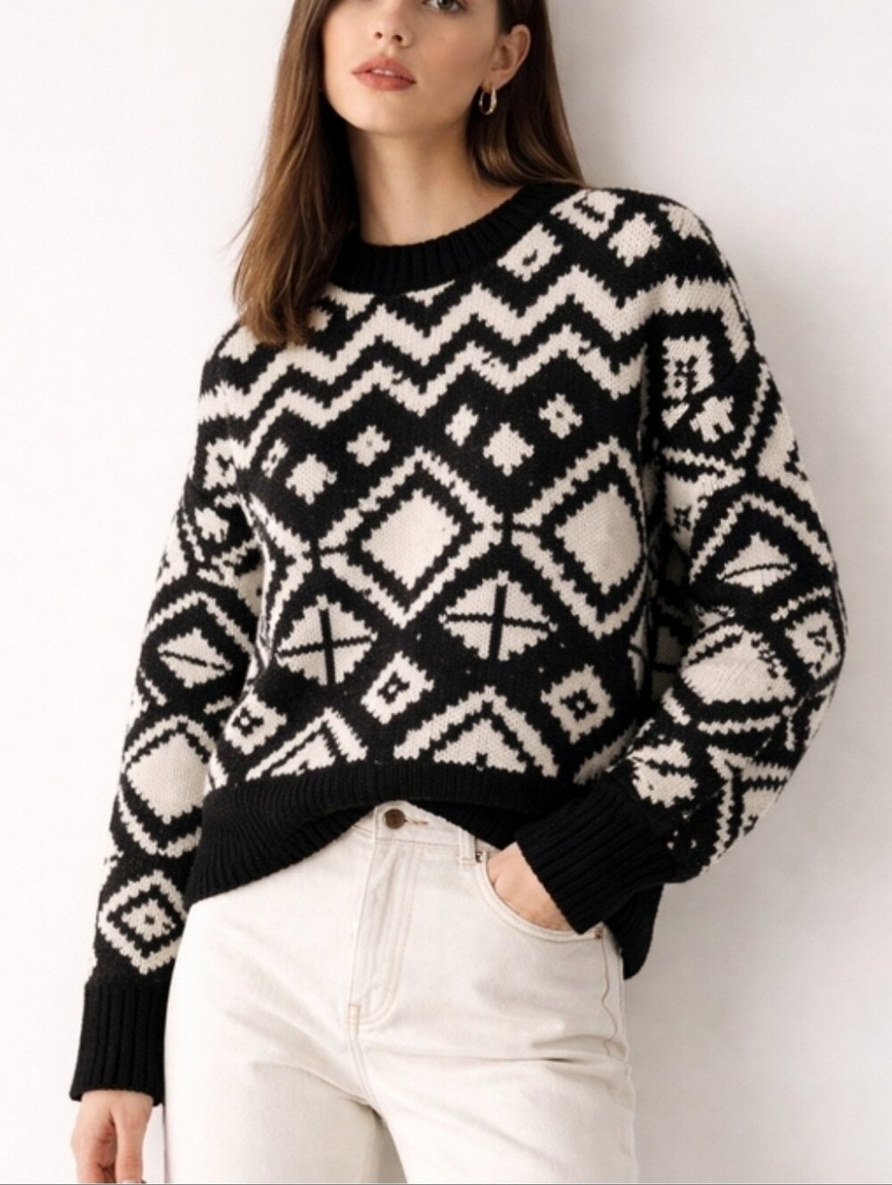 DEVOTED Black & Cream Geometric Knit Sweater Size S